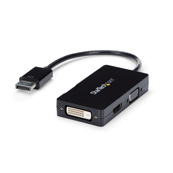 3-in-1 DisplayPort adapter for VGA, DVI, HDMI with gold-plated connector for reliable, high-quality video output.