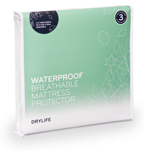 King Single Mattress Protector - Drylife features waterproof backing, soft cotton surface, breathable, and allergen-resistant design.