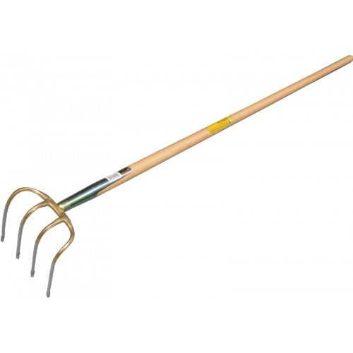 High-quality 4-tyne manure drag fork with an ergonomic ash handle for efficient manure handling and garden maintenance.