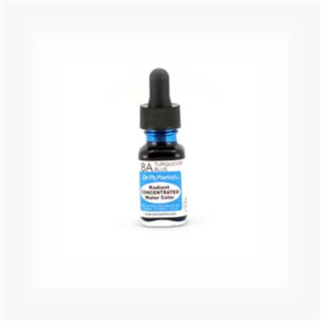 Dr. Ph. Martin's 0.5oz Turquoise Blue watercolour ink in a glass bottle with eyedropper, ideal for vibrant art projects.