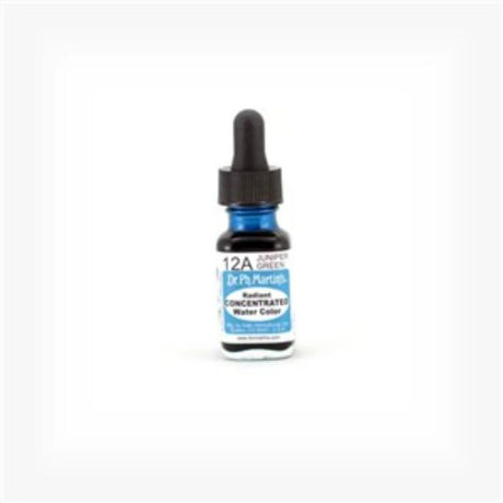 Dr. Ph. Martin's Juniper Green watercolor in a 0.5 oz glass bottle, featuring an eyedropper for precise application.