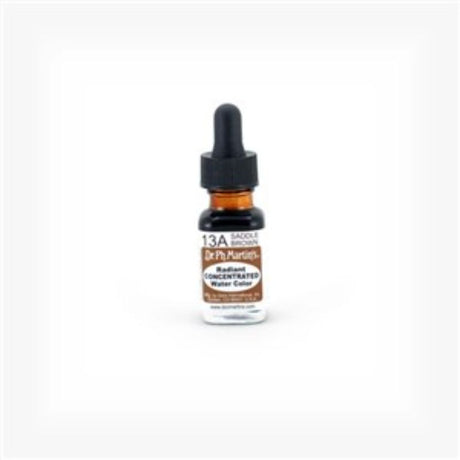Dr. Ph. Martin's 0.5oz Saddle Brown water color in a glass bottle with eyedropper, perfect for vibrant art and airbrushing.