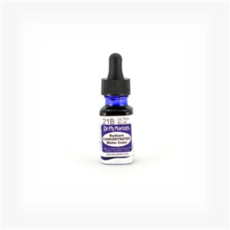 Dr. Ph. Martin's 0.5oz ULTRA BLUE water colour in a glass bottle with eyedropper for vibrant art and precise color mixing.