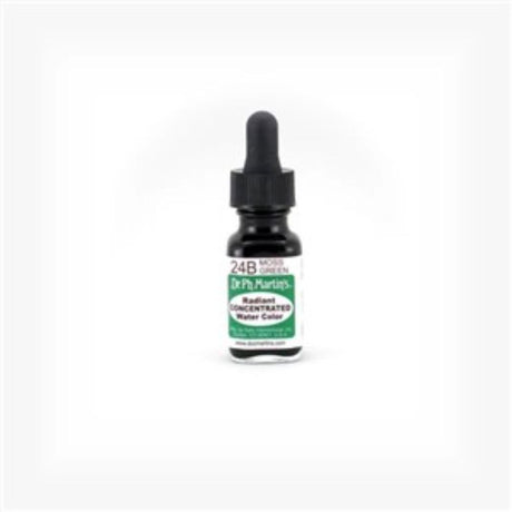 Dr. Ph. Martin's 0.5oz Moss Green watercolour in glass bottle with eyedropper, ideal for vibrant artistic expression.
