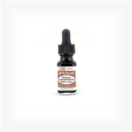 Dr. Ph. Martin's 0.5oz Sepia water color in a glass bottle with eyedropper for vivid artwork and vintage aesthetics.