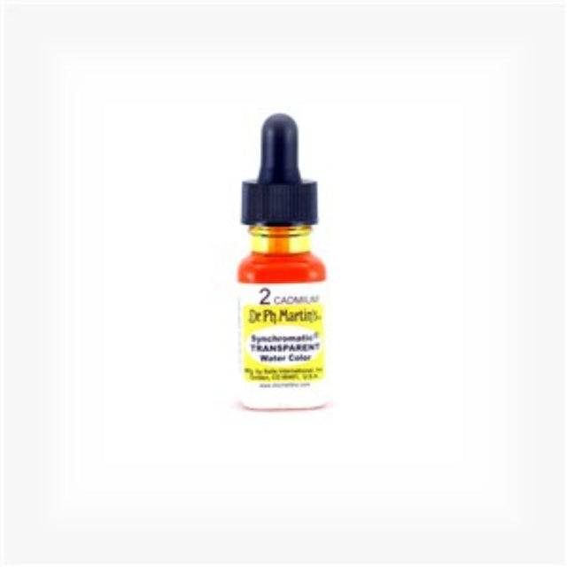 Dr. Ph. Martin's 0.5 oz Cadmium watercolor in glass bottle with eyedropper, offering vibrant transparency for artists.