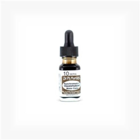 Dr. Ph. Martin's 0.5oz Sepia water color in a glass bottle with eyedropper, ideal for airbrush and precise transparency.