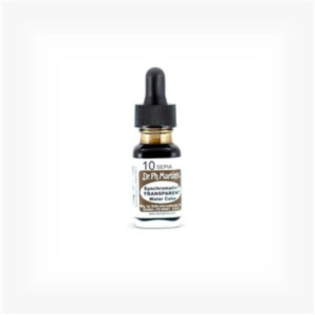 Dr. Ph. Martin's 0.5oz Sepia water color in a glass bottle with eyedropper, ideal for airbrush and precise transparency.