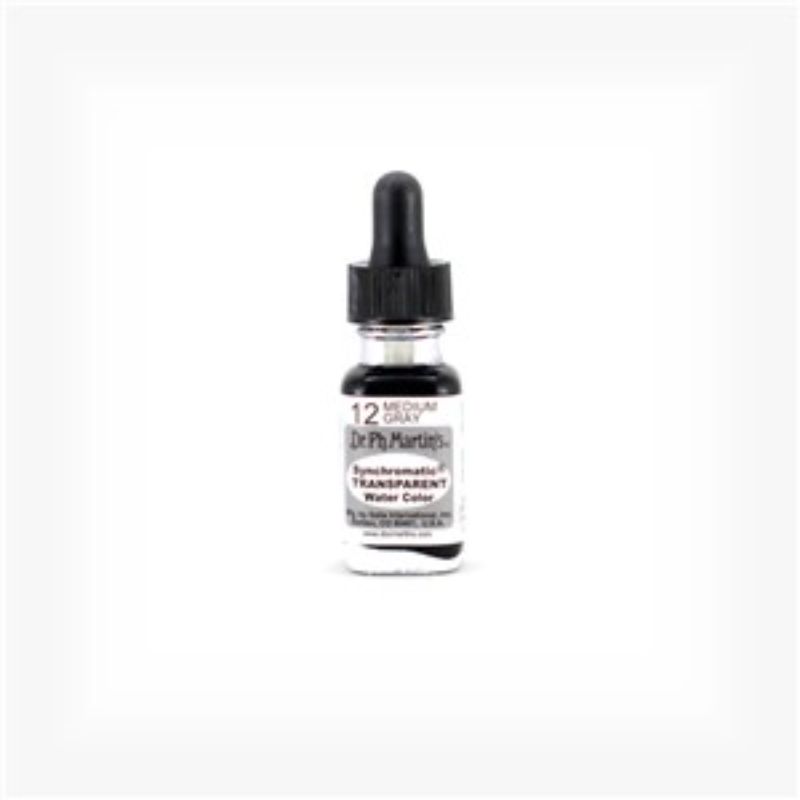 Medium Grey transparent watercolor in a 0.5oz bottle with eyedropper, ideal for artists needing transparency and vibrancy.