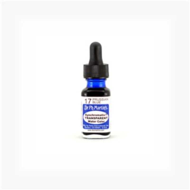 Transparent watercolor 0.5oz bottle in Prussian Blue with eyedropper, ideal for airbrush techniques and fine art.