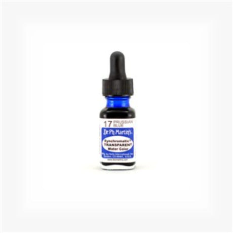 Transparent watercolor 0.5oz bottle in Prussian Blue with eyedropper, ideal for airbrush techniques and fine art.