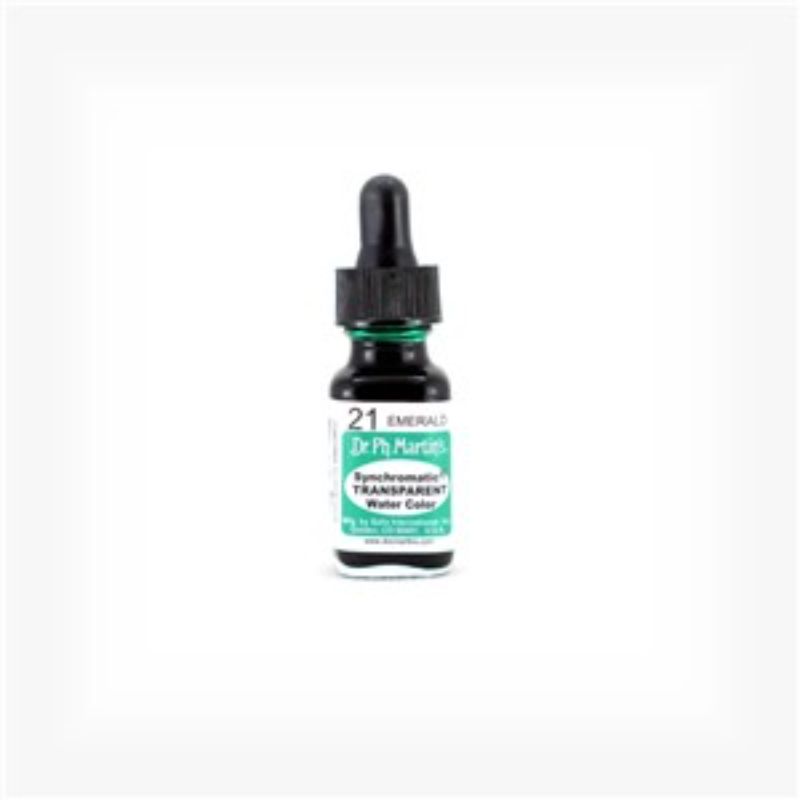 Dr. Ph. Martin's 0.5oz EMERALD watercolour in glass bottle, ideal for transparent artwork, airbrushing, and fine detailing.