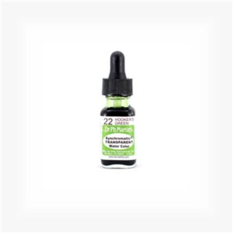 Dr. Ph. Martin's 0.5oz HOOKERS GREEN watercolor in a glass bottle with eyedropper, perfect for vivid, transparent artwork.