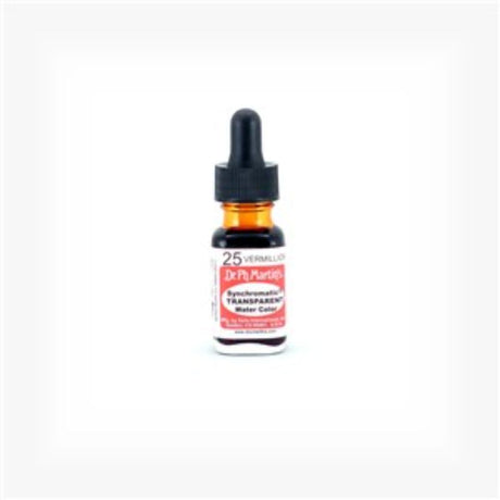 Vibrant vermillion 0.5oz water color in a glass bottle with eyedropper, ideal for transparent art and mixed media projects.