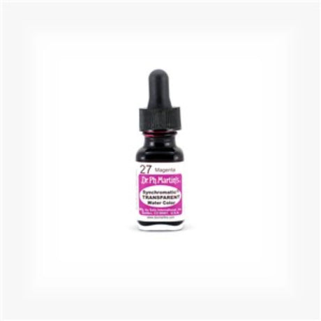 Dr. Ph. Martin's MAGENTA water color in a 0.5 oz bottle with eyedropper, perfect for transparent art techniques.