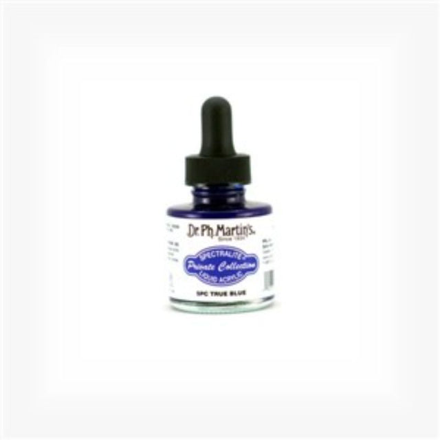 Dr. Ph. Martin's 1oz TRUE BLUE acrylic, vibrant, lightfast, waterproof, ideal for artwork on various surfaces.