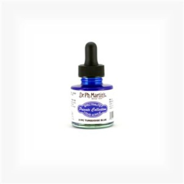 Turquoise Blue liquid acrylic paint in a 1oz bottle, perfect for vibrant artwork and versatile applications on various surfaces.