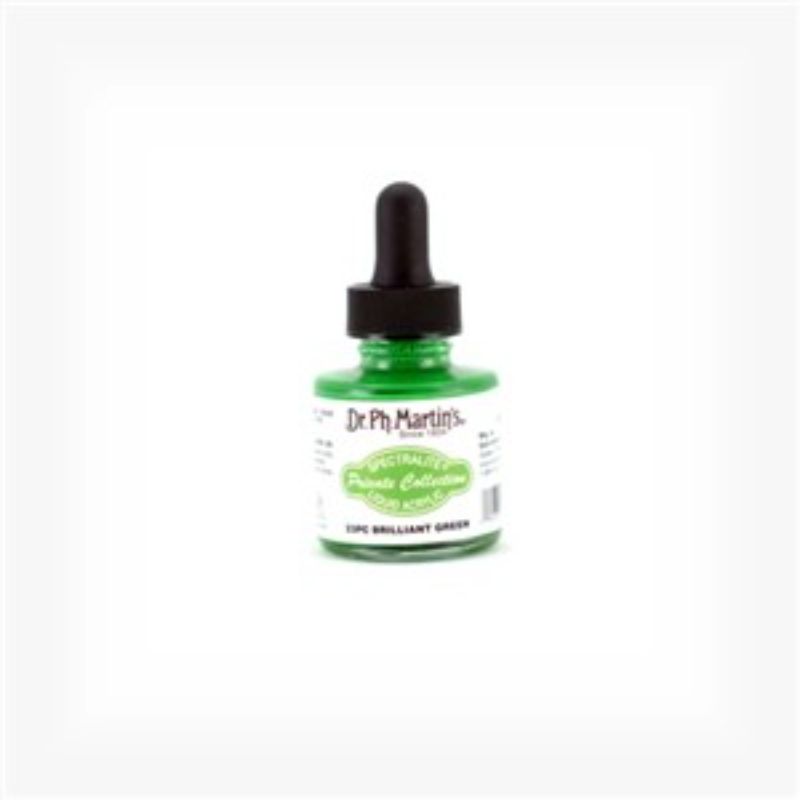 Bottle of Dr. Ph. Martin's BRILLIANT GREEN liquid acrylic paint, showcasing vibrant color and archival quality for artists.