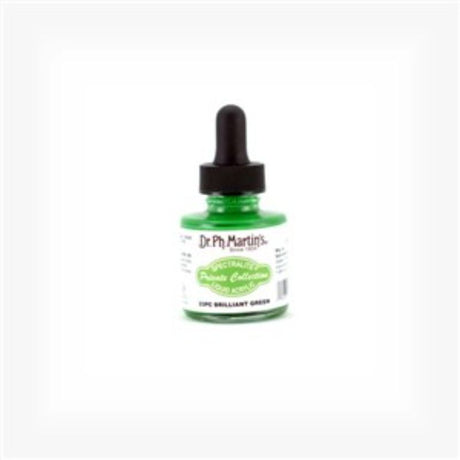 Bottle of Dr. Ph. Martin's BRILLIANT GREEN liquid acrylic paint, showcasing vibrant color and archival quality for artists.