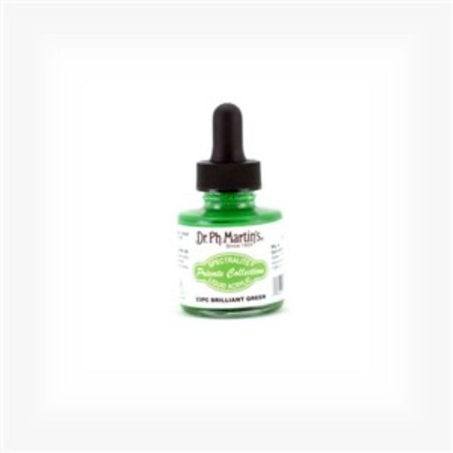 Bottle of Dr. Ph. Martin's BRILLIANT GREEN liquid acrylic paint, showcasing vibrant color and archival quality for artists.