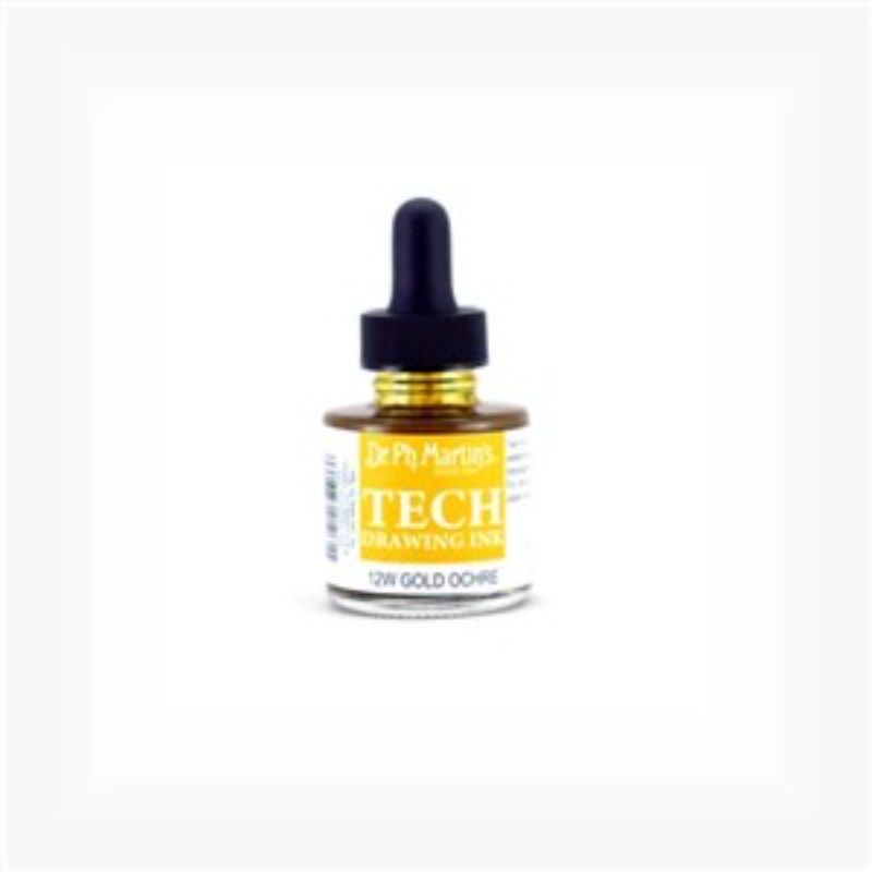 Dr. Ph. Martin's TECH Drawing Ink in GOLD OCHRE, 1oz bottle with dropper, perfect for vibrant and archival artwork.