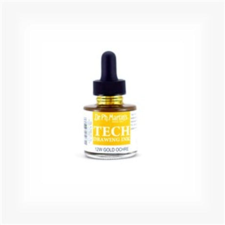 Dr. Ph. Martin's TECH Drawing Ink in GOLD OCHRE, 1oz bottle with dropper, perfect for vibrant and archival artwork.