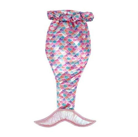 Shimmering pink mermaid tail for kids, featuring a sequined fin and elastic waistband, perfect for dress-up and imaginative play.