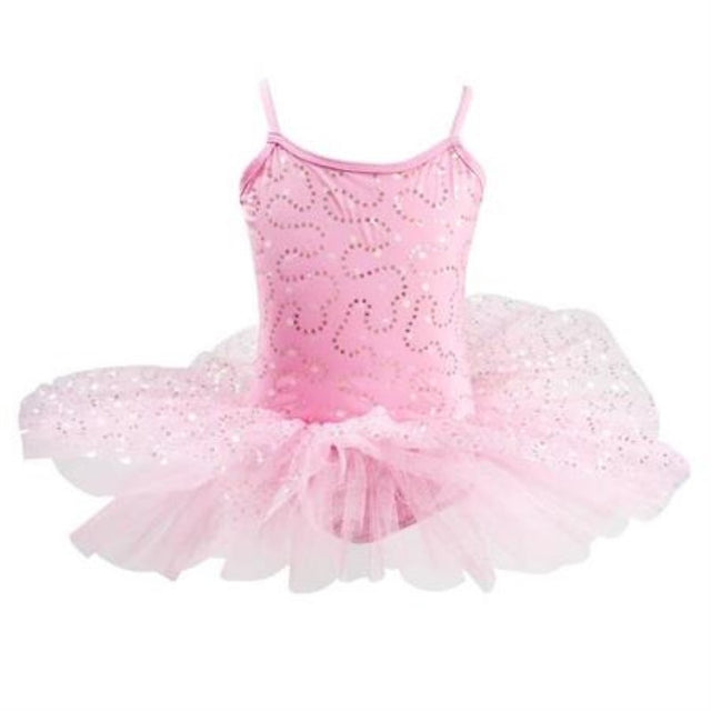 Pink sequin ballet tutu for ages 5-6, featuring a sparkly bodice, multi-layered tulle skirt, and adjustable straps.