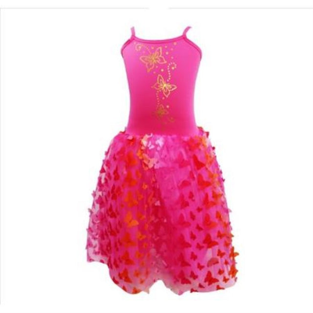 Enchanting multi-layered dress in hot pink and gold, featuring 3D butterflies, adjustable straps, perfect for ages 5-6.