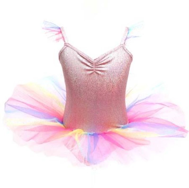 Colorful rainbow tutu for girls aged 5-6, featuring sparkly tulle, integrated pants, and adjustable straps by Pink Poppy.