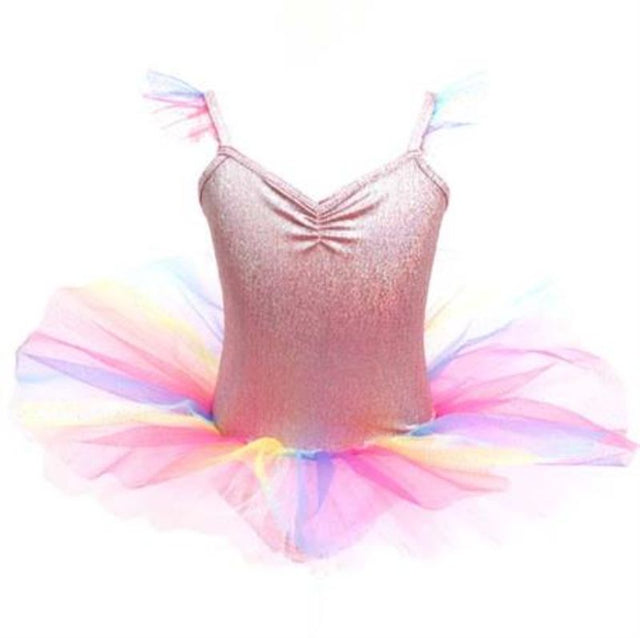 Colorful rainbow tutu for girls aged 5-6, featuring sparkly tulle, integrated pants, and adjustable straps by Pink Poppy.