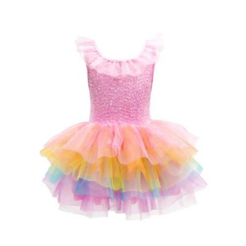 Colorful multi-layered Rainbow Unicorn Dreamer Party Dress for girls, featuring a soft tulle skirt and comfortable jersey bodice.