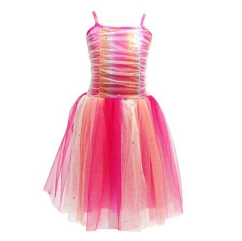 Vibrant pink party dress for ages 5-6, featuring a multi-layered tulle skirt and adjustable straps for a perfect fit.