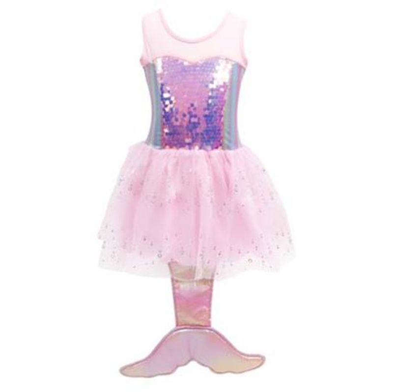 Enchanting pink mermaid dress with tail, featuring shimmer, sequins, and a multi-layered tulle skirt for little girls aged 3-4.