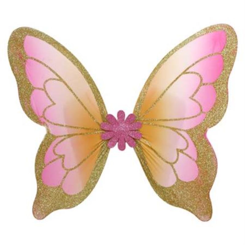 Vibrant butterfly wings in ombre pink to orange with glitter, perfect for dress-up play and imaginative adventures.