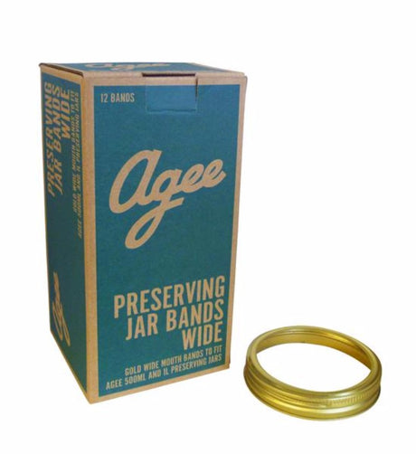 Gold preserving jar bands for wide-mouth Agee 500ml and 1L jars, sold in a pack of 12 for airtight food storage.