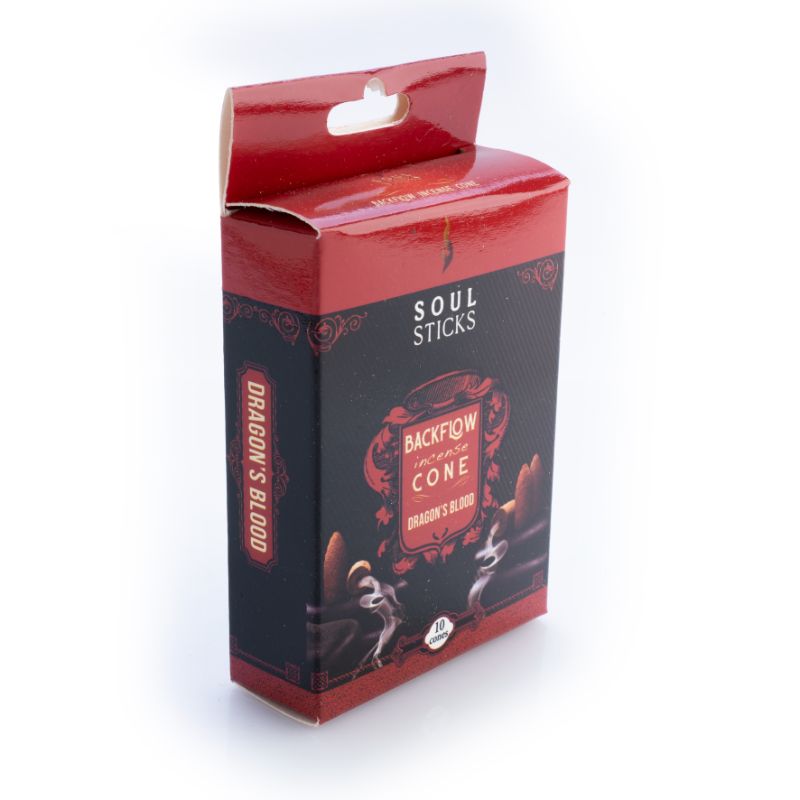 Backflow incense cones in Dragon's Blood aroma, designed for serene atmospheres and mesmerizing downward smoke effects.