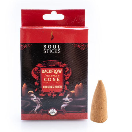 Backflow incense cones in Dragon's Blood scent, designed for cascading smoke effects and enhancing relaxation.