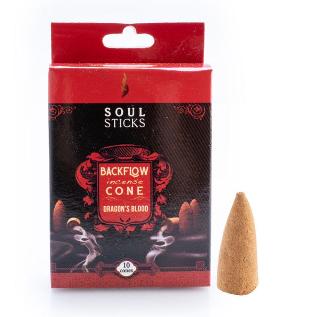 Backflow incense cones in Dragon's Blood scent, designed for cascading smoke effects and enhancing relaxation.