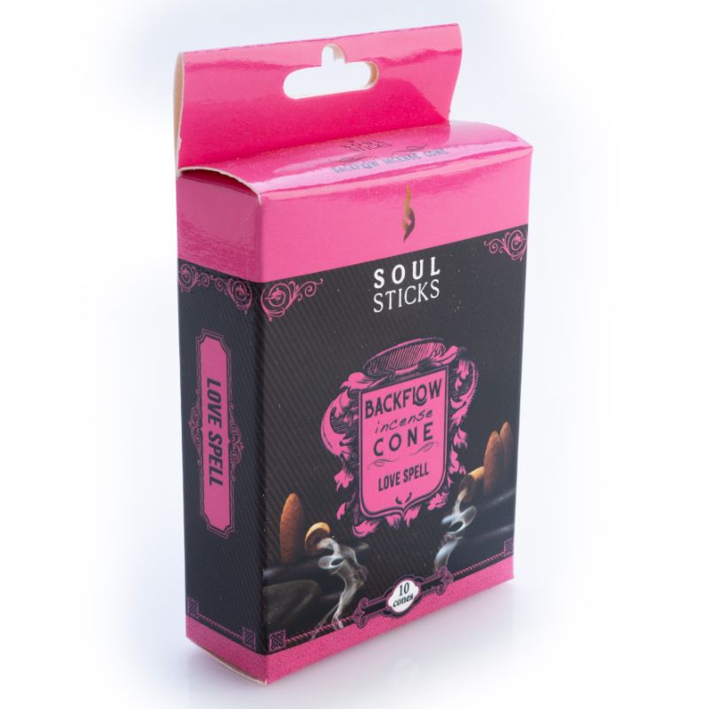 Backflow incense cones in Love Spell scent, designed for aromatherapy with cascading smoke for a romantic ambiance.