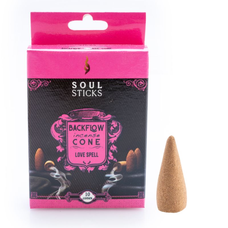 Backflow incense cones in a Love Spell scent, designed for meditation and aromatherapy, with cascading fragrant smoke.