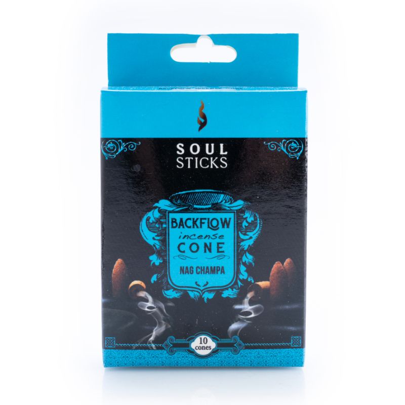 Backflow incense cones with Nag Champa scent, ideal for meditation and creating a soothing ambiance, 12 packs of 10 cones each.