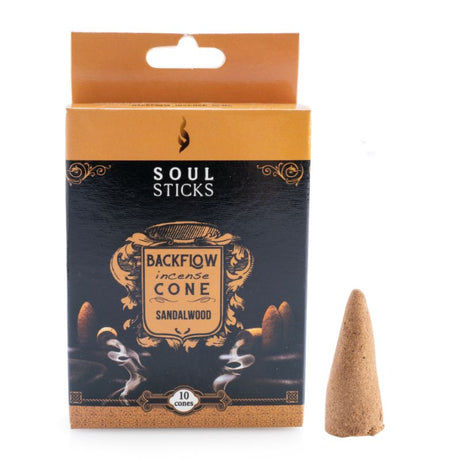 Backflow incense cones featuring soothing sandalwood scent, perfect for aromatherapy and creating a calming ambiance.