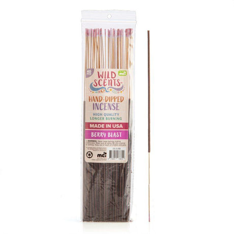 Hand-dipped incense sticks with a forest berry scent, perfect for aromatherapy and relaxation; 40 sticks in vibrant packaging.