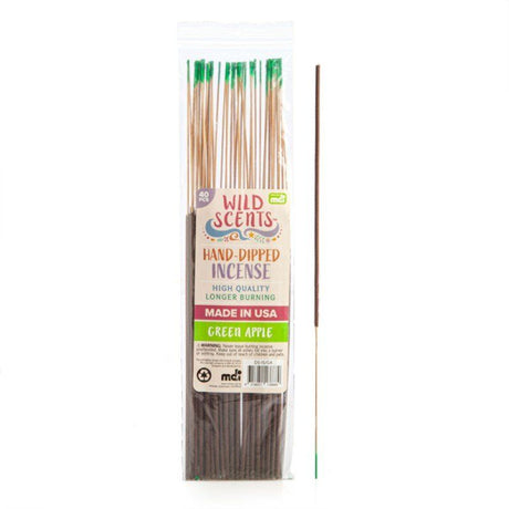 Vibrant green apple incense sticks in a colorful bag, perfect for aromatherapy and creating a calming atmosphere.