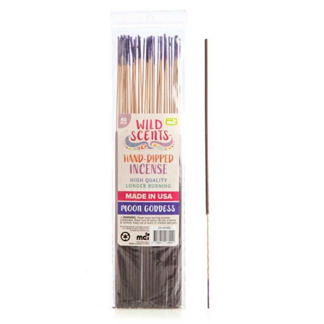 A pack of 40 hand-dipped incense sticks featuring the tranquil Moon Goddess blend for meditation and relaxation.