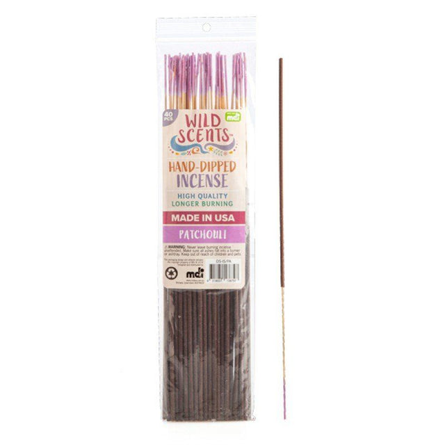 Hand-dipped Wild Scents Patchouli incense sticks in vibrant packaging, ideal for relaxation and aromatherapy (40PCS).