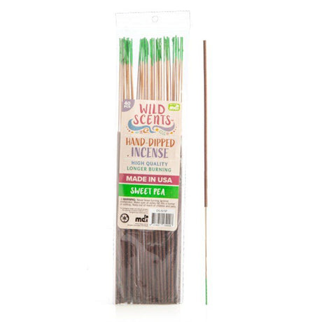 Aromatic wild scents Sweet Pea incense sticks in a 40PCS pack, hand-dipped in the USA for a calming home ambiance.