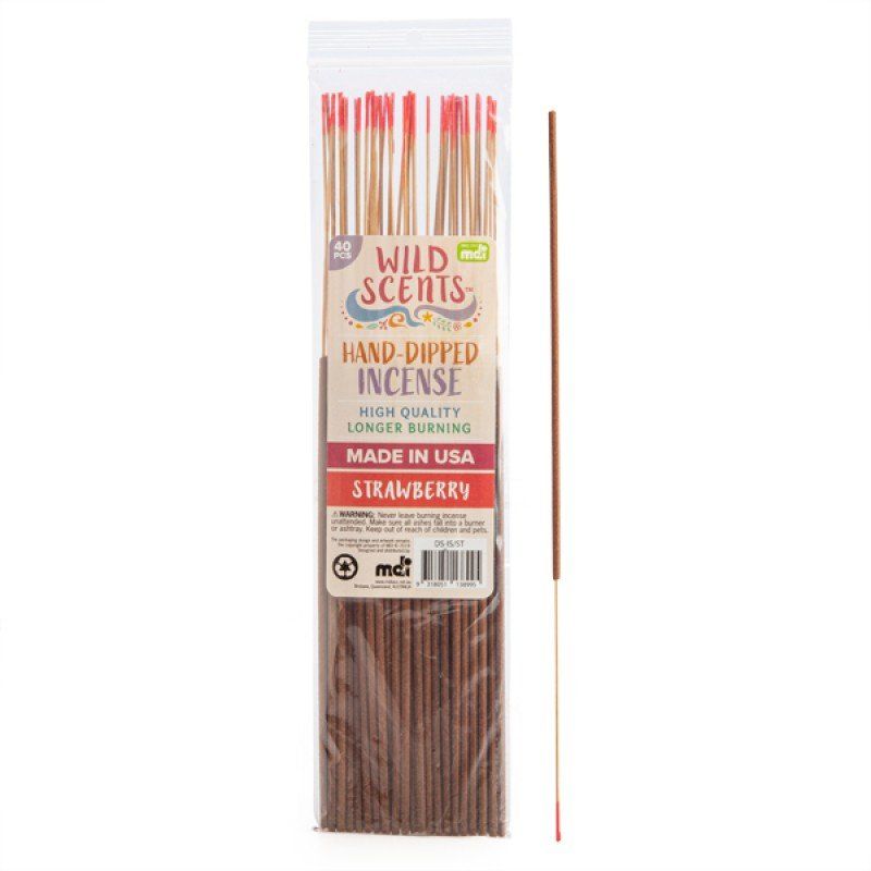 Hand-dipped strawberry incense sticks in a vibrant polybag, ideal for aromatherapy and creating a soothing atmosphere.