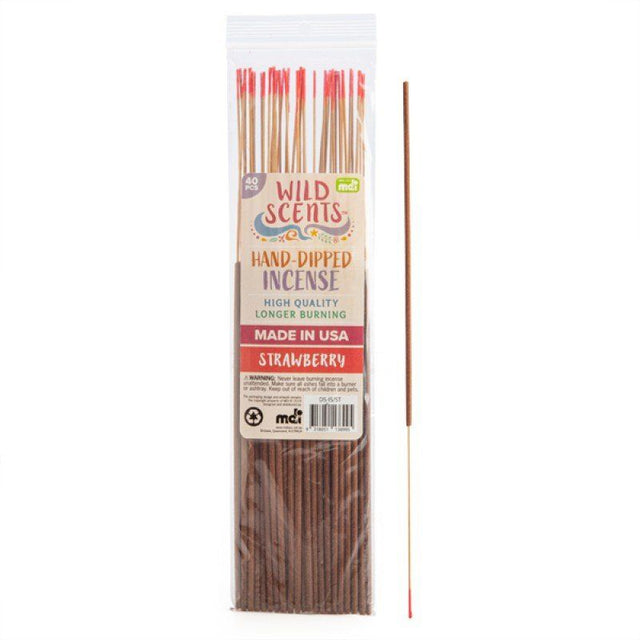 Hand-dipped strawberry incense sticks in a vibrant polybag, ideal for aromatherapy and creating a soothing atmosphere.